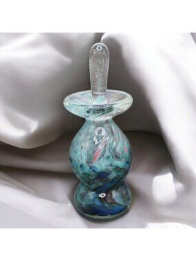 Swirl Glass Hand Blown Blue Pink Seed Bubbles Perfume Bottle w/ Dauber Signed
